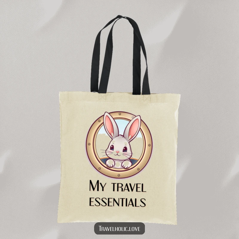 Funny bunny peeking from a vintage airplane window, a humorous and practical tote bag design.
