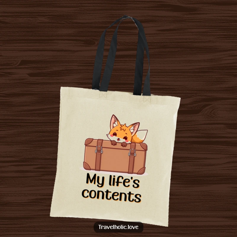 Funny fox peeking playfully from behind a giant cartoon suitcase on a durable tote bag.