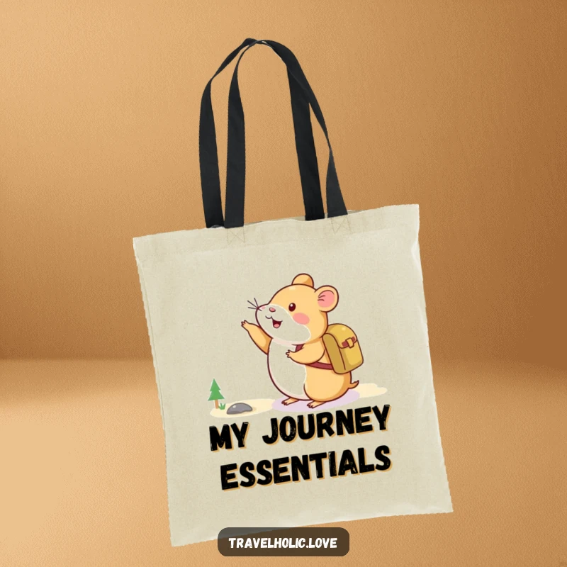 Funny Hamster Adventure Tote Bag featuring a happy hamster with a tiny backpack pointing towards a distant mountain.