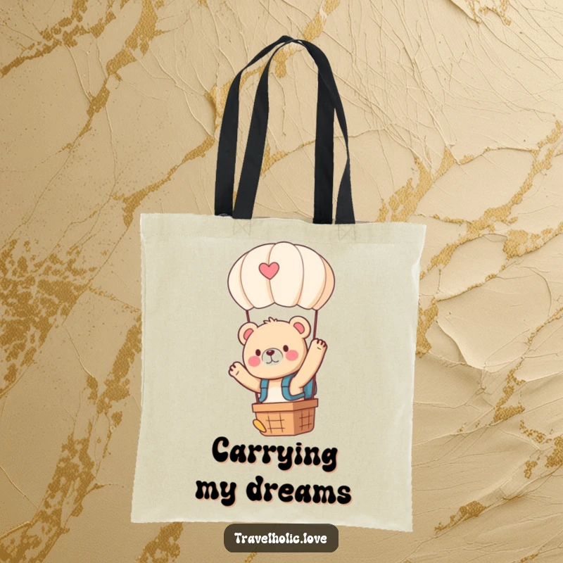 Funny kawaii bear with a tiny backpack, waving from a hot air balloon, cute and spacious tote bag.
