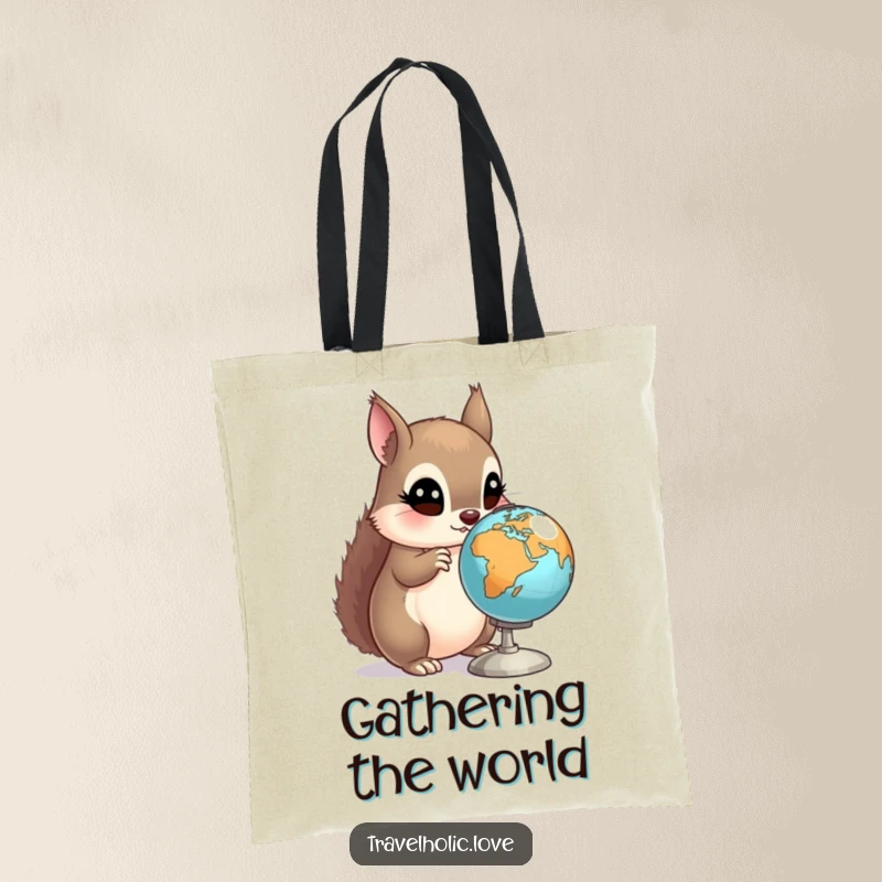 Funny Squirrel Globe Tote Bag featuring a curious squirrel examining a miniature spinning globe with wide eyes. A whimsical carry-all.