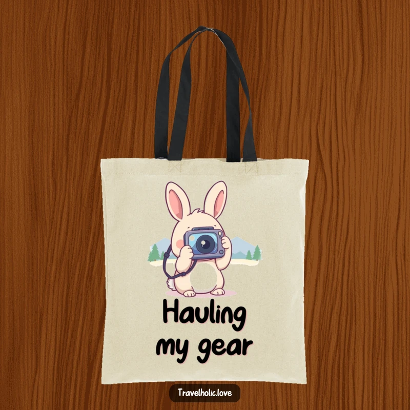 Funny kawaii rabbit with a tiny camera, snapping photos of distant mountains, cute and functional tote bag.