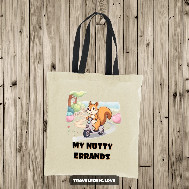 Funny kawaii squirrel gleefully riding a miniature scooter down a winding path, cute and functional tote bag.