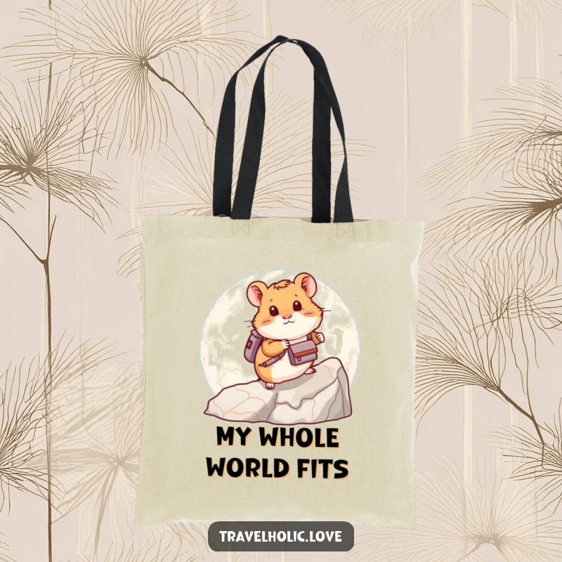 Funny hamster with a backpack, climbing a huge map, a humorous and practical tote bag for daily journeys.